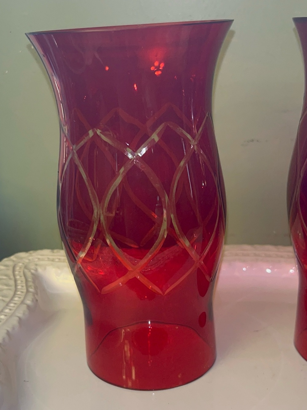 Ruby Red Glass Diamond Lattice Hurricane/Chimney Shade Set of 2